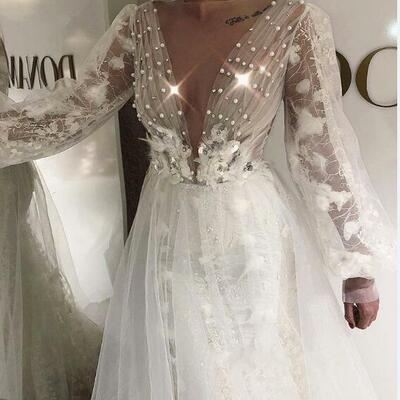 Deep v neck wedding dresses lace long sleeves see through bridal gowns tulle covered mermaid wedding vestidos custom made,1689 - Thumbnail 1