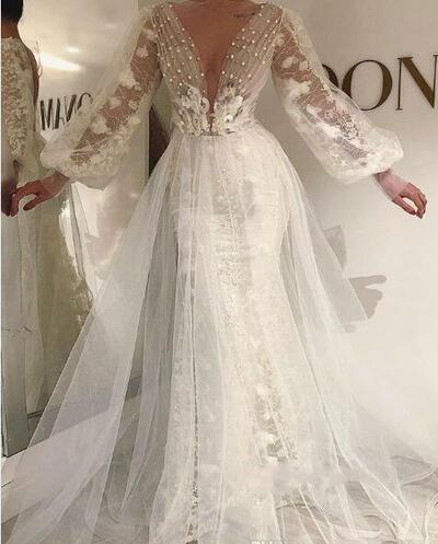 Deep V Neck Wedding Dresses Lace Long Sleeves See Through Bridal Gowns Tulle Covered Mermaid Wedding Vestidos Custom Made,1689