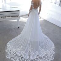 Elegant A Line Lace Long Sleeves Wedding Dresses Deep V Neck Appliqued Bridal Gowns,1690 - Thumbnail 1