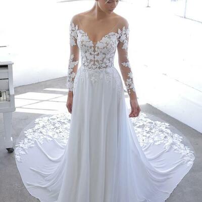 Elegant a line lace long sleeves wedding dresses deep v neck appliqued bridal gowns,1690 - Thumbnail 1