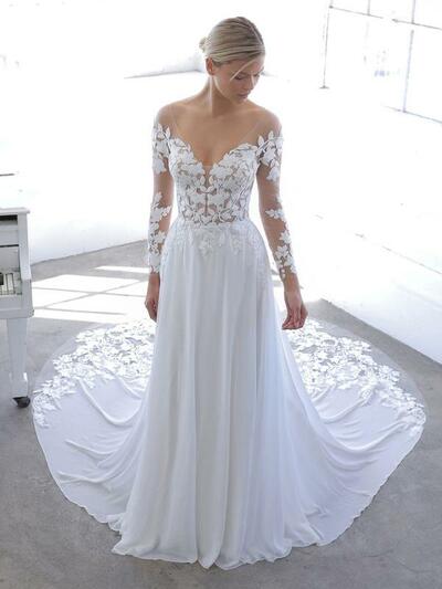 Elegant A Line Lace Long Sleeves Wedding Dresses Deep V Neck Appliqued Bridal Gowns,1690