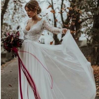 Wedding dress vestido noiva sleeves v-neck long beach bridal gowns floor length appliques,1691 - Thumbnail 1