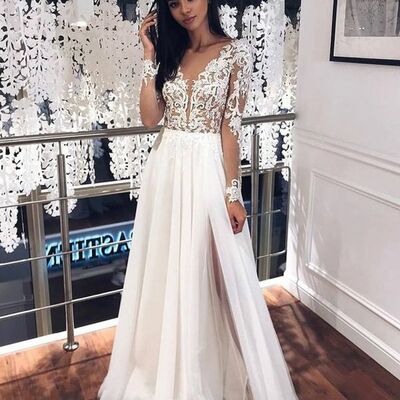Charming v neck long sleeves lace split wedding dresses,1692 - Thumbnail 2