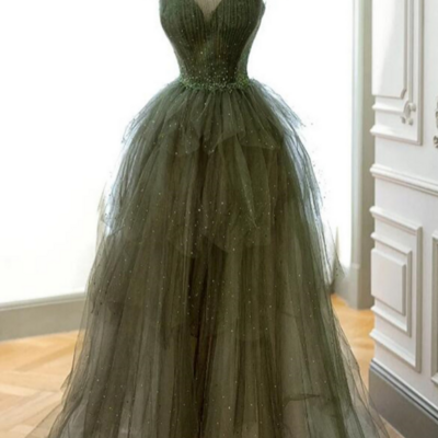 Green tulle layers beaded long party dress, a line green evening dress prom dress kpp1665