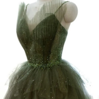 Green Tulle Layers Beaded Long Party Dress, A Line Green Evening Dress Prom Dress KPP1665 - Thumbnail 1