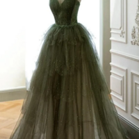 Green Tulle Layers Beaded Long Party Dress, A Line Green Evening Dress Prom Dress KPP1665 - Thumbnail 2