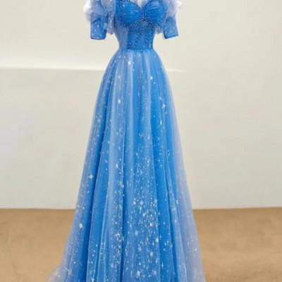 A line blue beaded short sleeves prom dress, blue stars long evening dress kpp1666