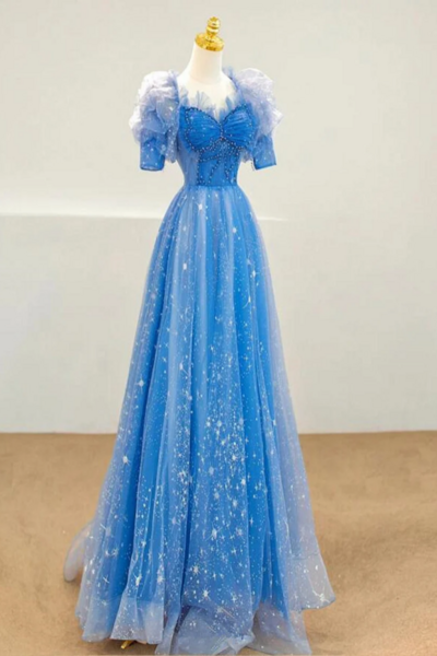 A Line Blue Beaded Short Sleeves Prom Dress, Blue Stars Long Evening Dress KPP1666