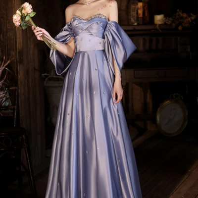 Light purple satin beaded off shoulder prom dress, light purple evening dress kpp1667