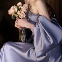 Light Purple Satin Beaded Off Shoulder Prom Dress, Light Purple Evening Dress KPP1667 - Thumbnail 1