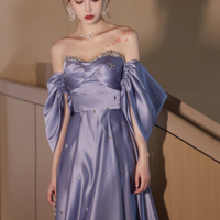 Light Purple Satin Beaded Off Shoulder Prom Dress, Light Purple Evening Dress KPP1667 - Thumbnail 2