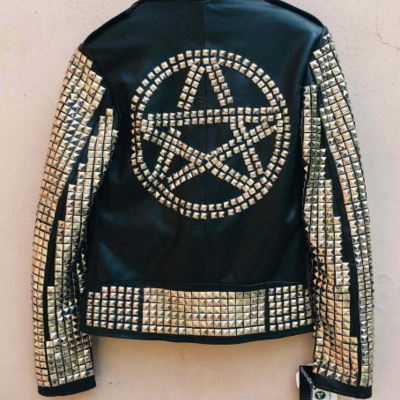 Crafted leather new men's black full silver star golden studded brando belted cow biker leather jacket