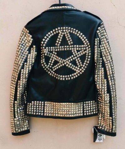 Crafted Leather New Men's Black Full Silver Star Golden Studded Brando Belted Cow Biker Leather Jacket