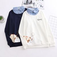 Casual cute college style cartoon cat print fake two-piece long-sleeved sweatshirt - Thumbnail 2