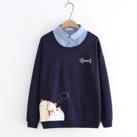 Casual cute college style cartoon cat print fake two-piece long-sleeved sweatshirt - Thumbnail 3