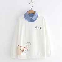 Casual cute college style cartoon cat print fake two-piece long-sleeved sweatshirt - Thumbnail 4
