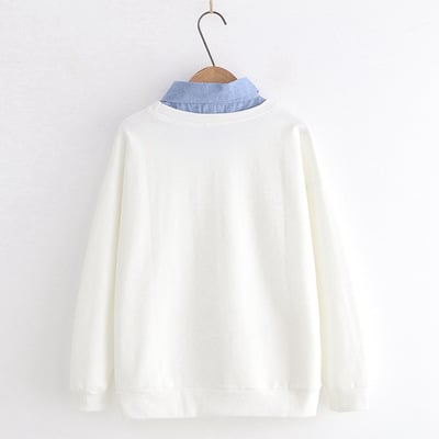 Casual cute college style cartoon cat print fake two-piece long-sleeved sweatshirt