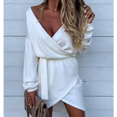 Elegant White Long Sleeved V-Neck Off Shoulder Dress
