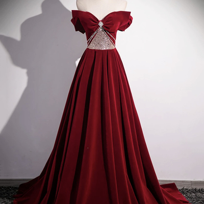 Burgundy velvet long prom dress, off the shoulder evening party dress - Thumbnail 1