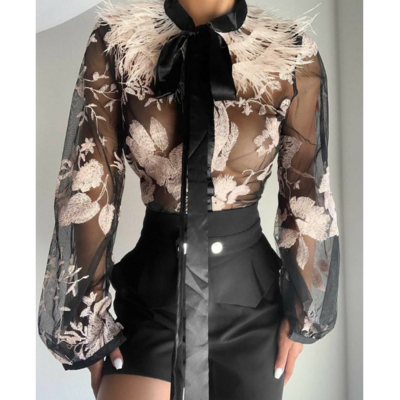 Women's splicing embroidered mesh shirt top