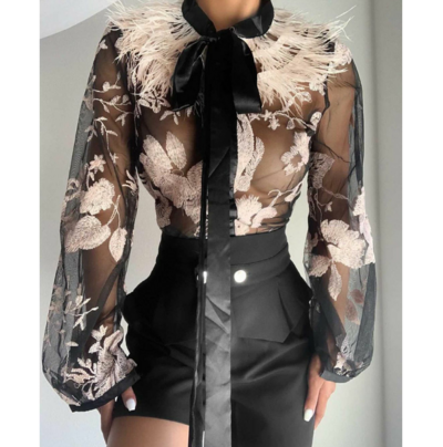 Women'S Splicing Embroidered Mesh Shirt Top