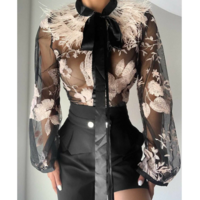 Women'S Splicing Embroidered Mesh Shirt Top - Thumbnail 2