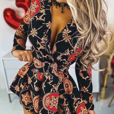 V-neck women's printed long sleeved dress