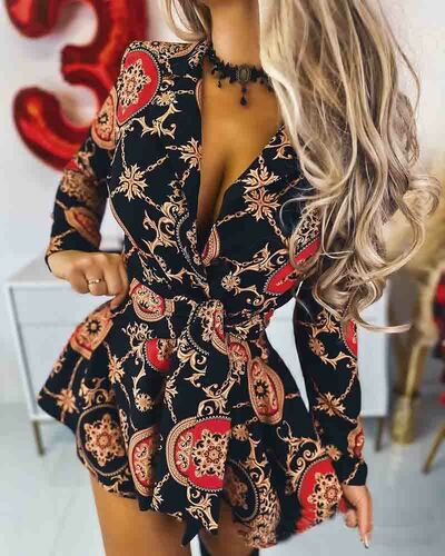 V-Neck Women'S Printed Long Sleeved Dress