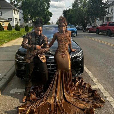 Mermaid brown lace appliques african prom dress evening gowns - Thumbnail 3