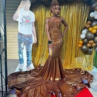 Mermaid Brown Lace Appliques African Prom Dress Evening Gowns - Thumbnail 1