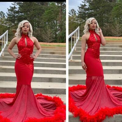 Red lace appliques sequins lace african prom dress evening gowns - Thumbnail 5