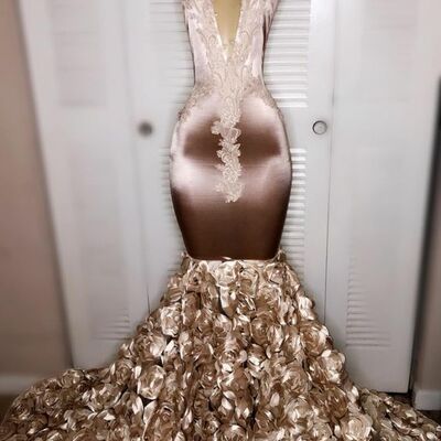 Light brown mermaid lace appliques african prom dress evening gowns - Thumbnail 2