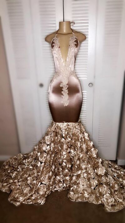 Light Brown Mermaid Lace Appliques African Prom Dress Evening Gowns