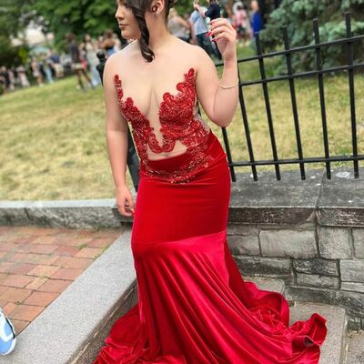 Red mermaid lace appliques african prom dress evening gowns - Thumbnail 3