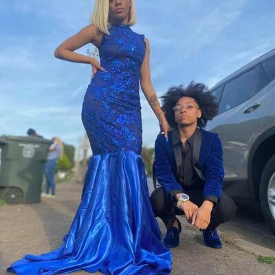 Royal blue mermaid lace appliques african prom dress evening gowns - Thumbnail 4