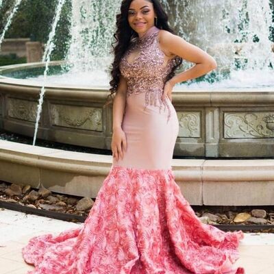 Pink mermaid lace appliques african prom dress evening gowns - Thumbnail 2