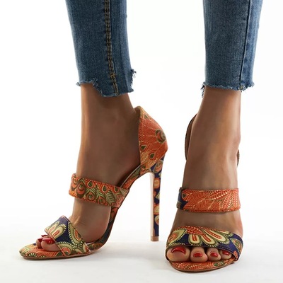 Sandals high heels printed open toe high heels women's shoes - Thumbnail 2