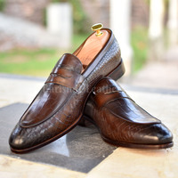 Premium leather loafers brown crocodile impression leather moccasins dress shoes for men custom made on orders - Thumbnail 3