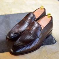 Premium leather loafers brown crocodile impression leather moccasins dress shoes for men custom made on orders - Thumbnail 5