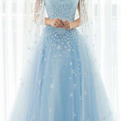 Blue floral off the shoulder long tulle wedding dress,988