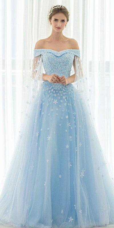 Blue Floral Off the Shoulder Long Tulle Wedding Dress,988