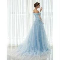 Blue Floral Off the Shoulder Long Tulle Wedding Dress,988 - Thumbnail 1