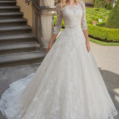 Charming off white wedding dresses,3/4 sleeves bridal dresses,lace a line wedding dress with long train,989
