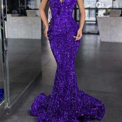 Stunning mermaid sweetheart sequins purple prom dresses, formal dress,991