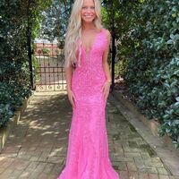 Charming Mermaid V Neck Pink Long Prom Dresses with Lace,993 - Thumbnail 1