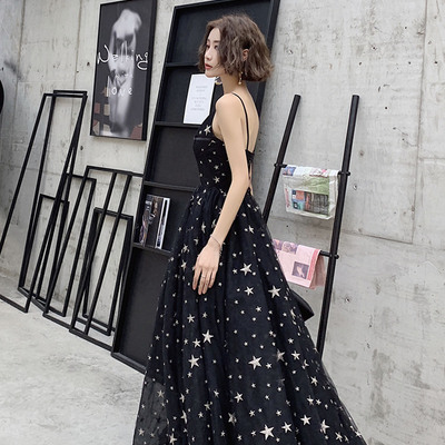 Black tulle long a line prom dress with star,994