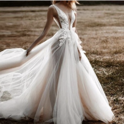 Deep v neck wedding dresses bridal gown - Thumbnail 1