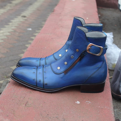 Crafted leather jo ghost blue classic italian calf leather jodhpur buckle boot with zipper and button