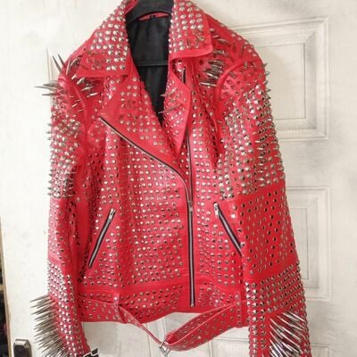 Crafted leather classy red leather gothic studded jacket with silver studs and spikes - Thumbnail 3