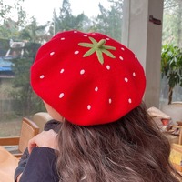 Red Strawberry Woolen Beret Hat - Thumbnail 3